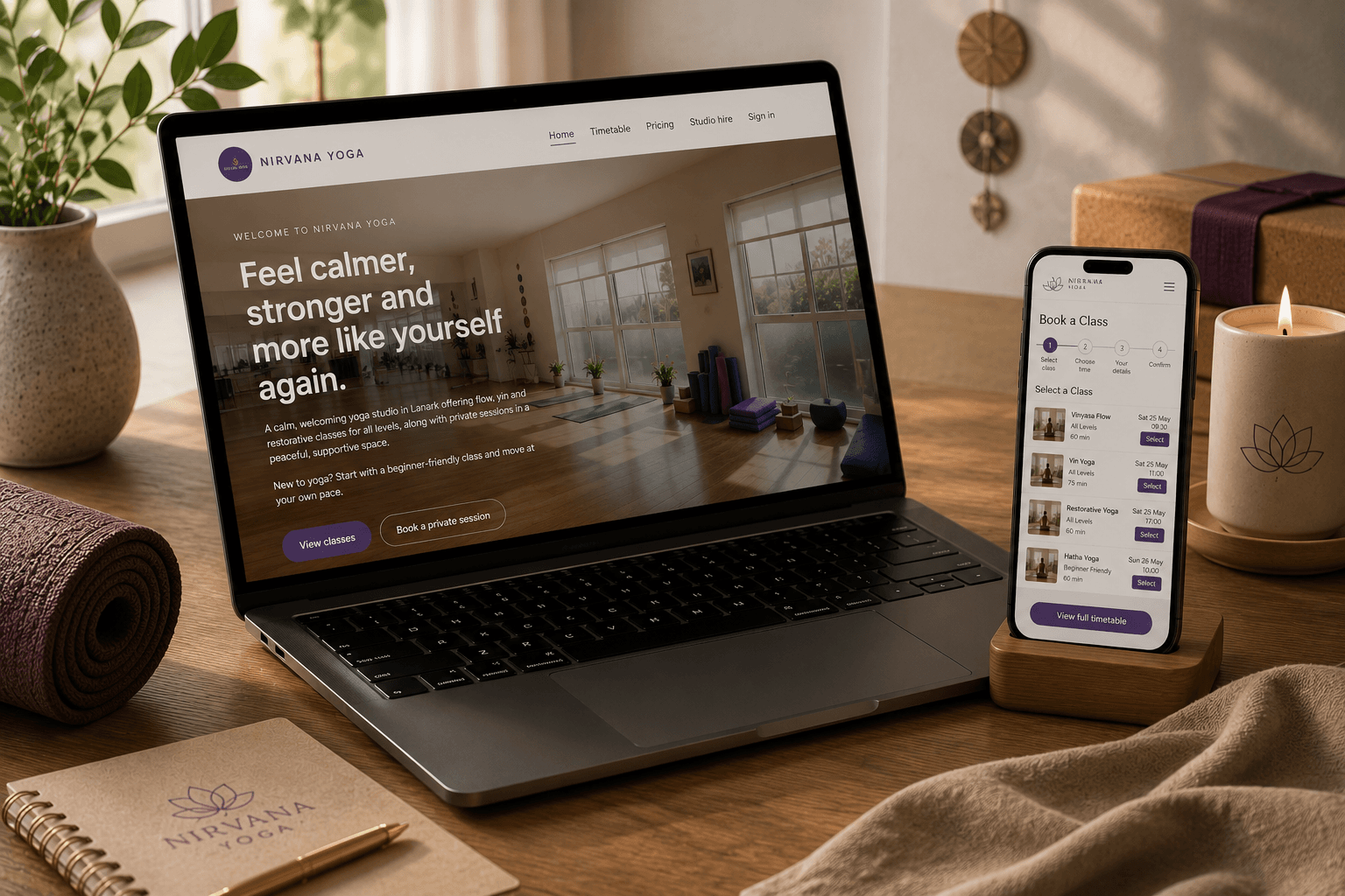 Nirvana Yoga website and booking platform shown across devices