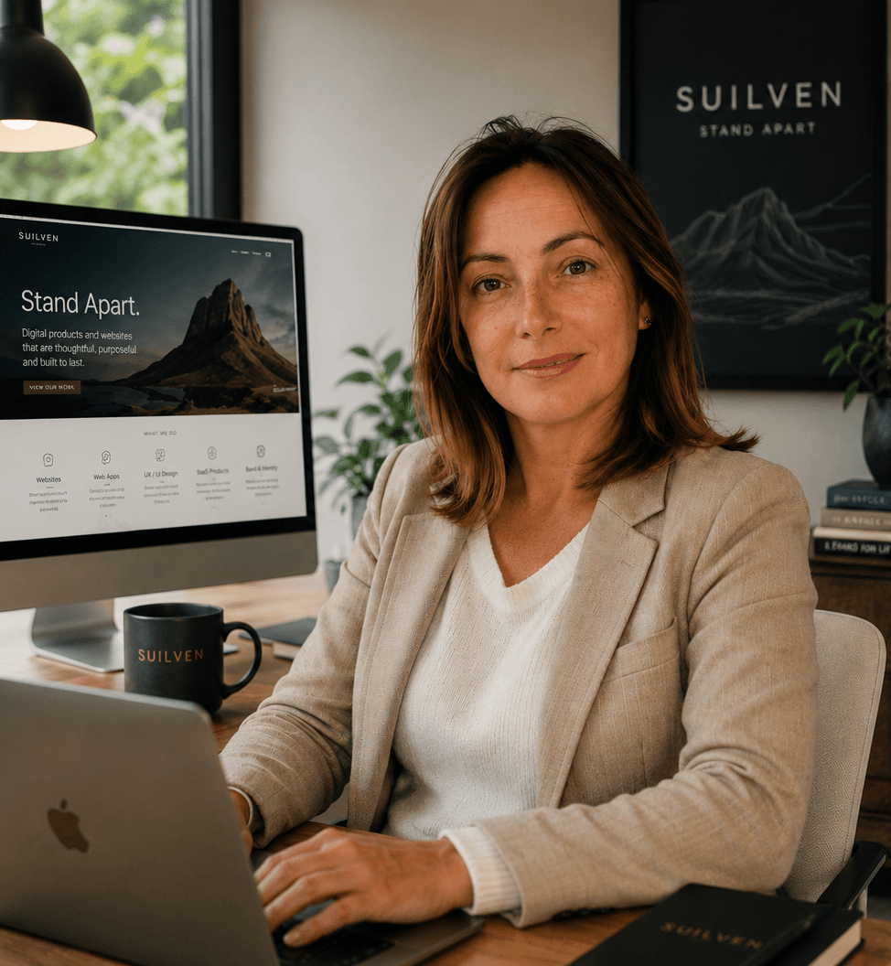 Ainsley King, founder of SUILVEN, working at her desk
