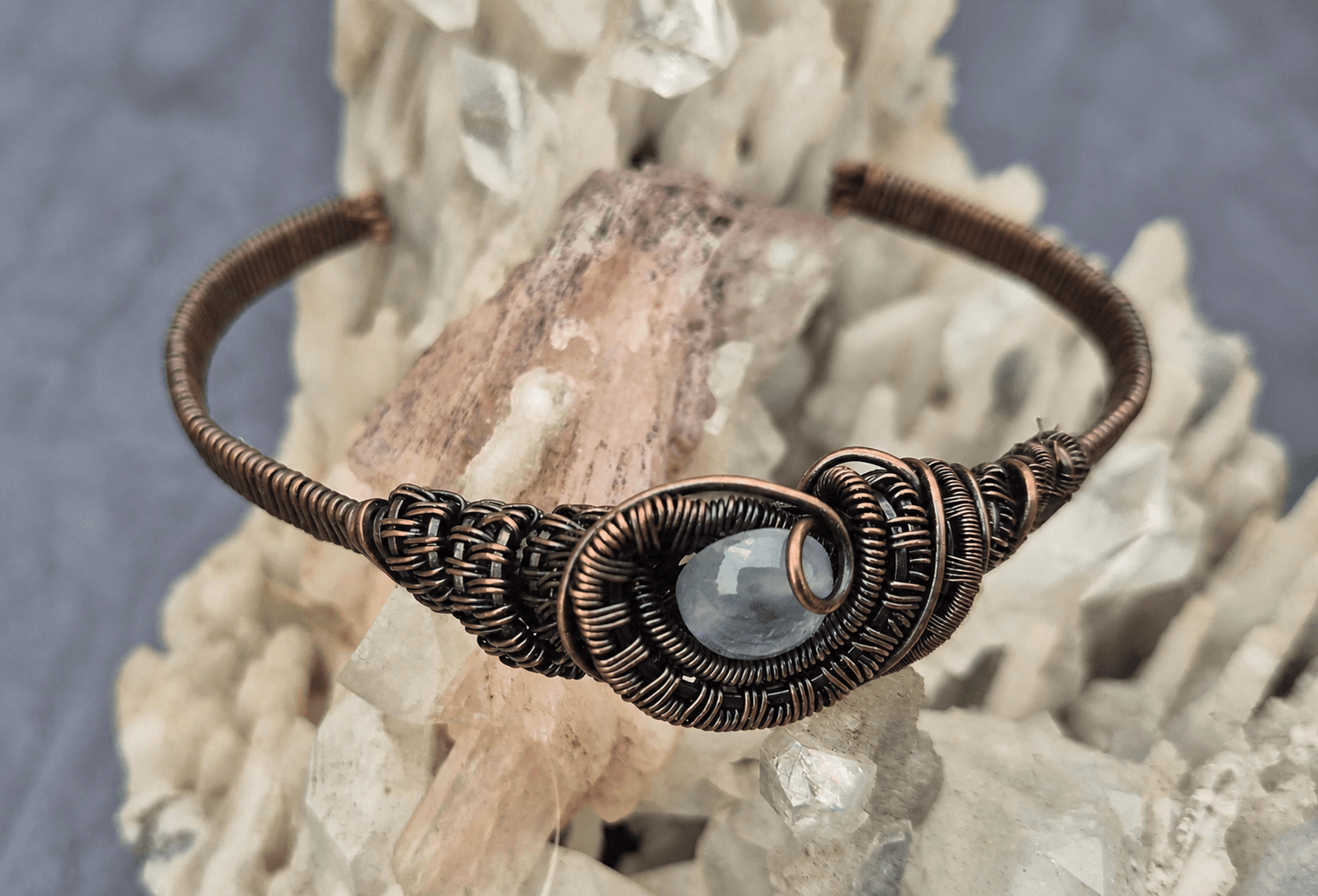 Blue chalcedony cuff handmade in woven oxidised copper by Wrapture Designs