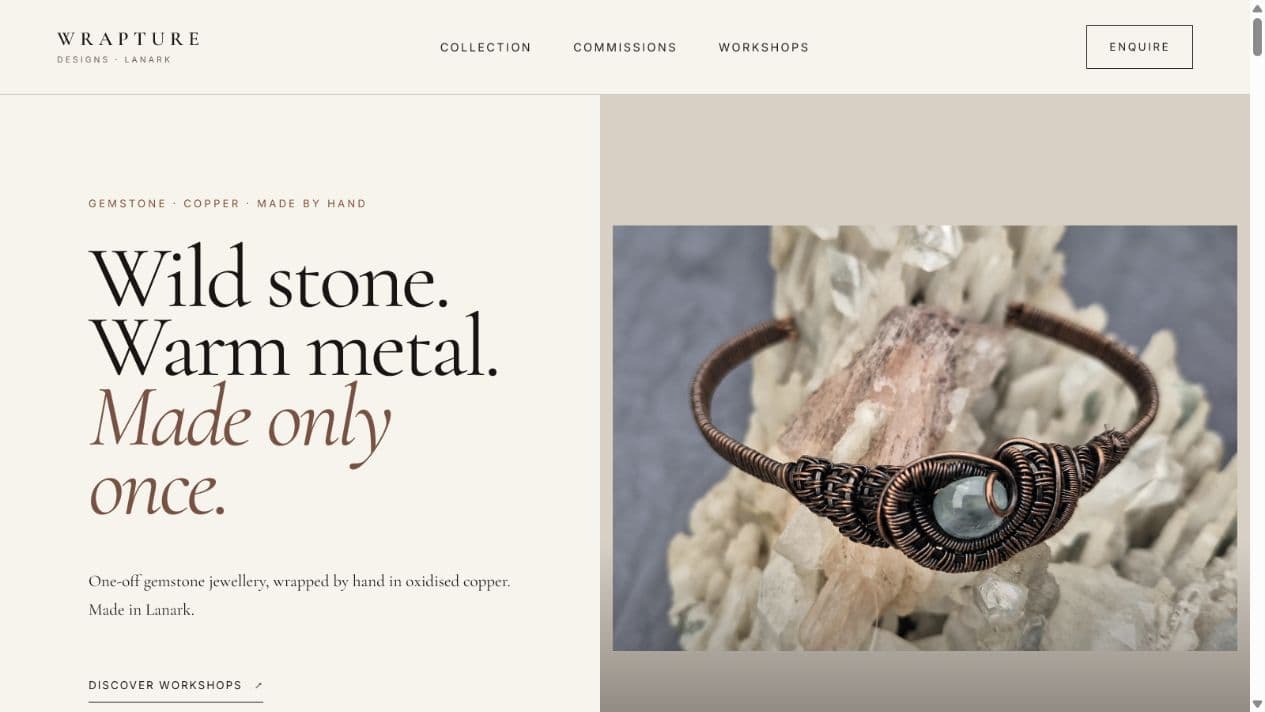 The live Wrapture Designs storefront and editorial homepage