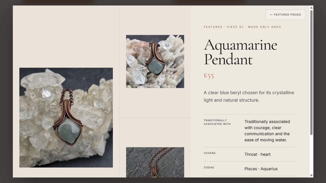 Live Wrapture product detail showing imagery, stone story, price and product information