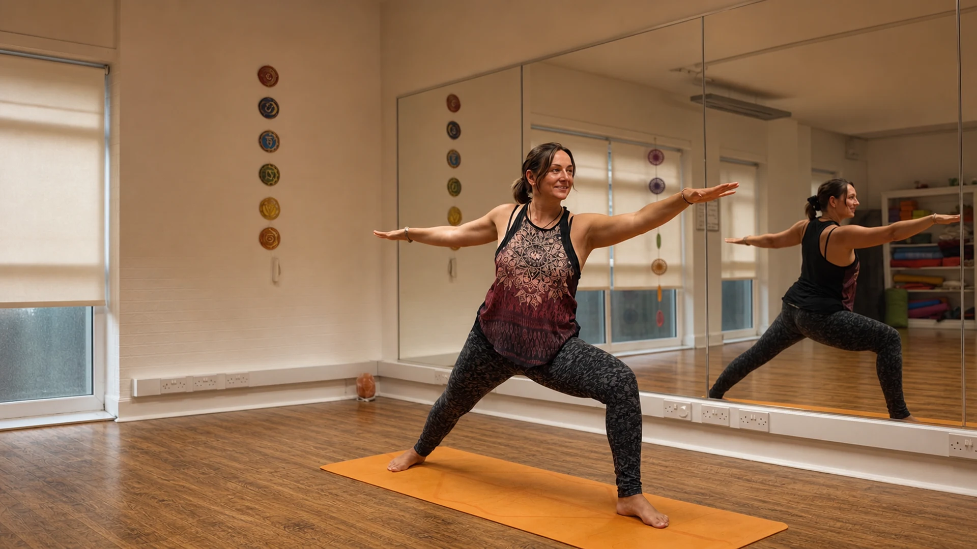 Ainsley practising Warrior II inside the Nirvana Yoga studio